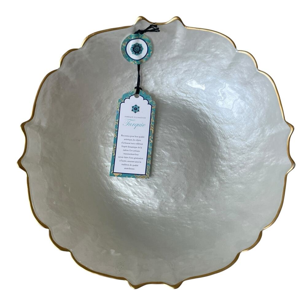 Akcam Pearl White Turkish Glass Bowl Scalloped Gold Edge 9.5" New